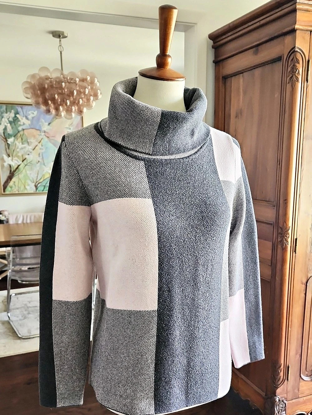 Marble NEW Cowl Neck Color Block Sweater Gray & Pink Small